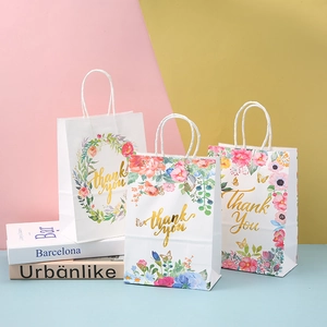 Floral Paper Gift Bags Thank You Golden Print With Handles For Wedding Birthday Party Favors Elegant Watercolor
