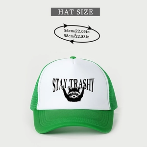 Detailed view of Stay Trashy raccoon trucker hat with 56-58cm head size measurements