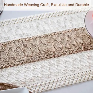 Handwoven boho table runner with striped cotton linen fabric and macrame lace edges