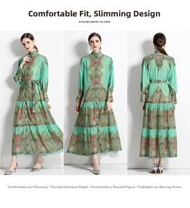 Trois vues d'une robe maxi à imprimé paisley vert menthe avec col montant et boutonnage