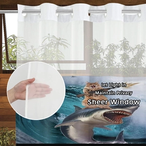 Detail showing semi-transparent polyester fabric with cat riding a shark print for bathroom