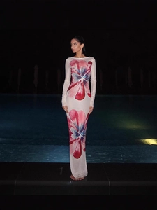 Women Sexy Mesh Floral Print Maxi Dress Long Sleeve Sheer Bodycon Summer Vacation Clubwear Slim Fit Floor Length Clothing