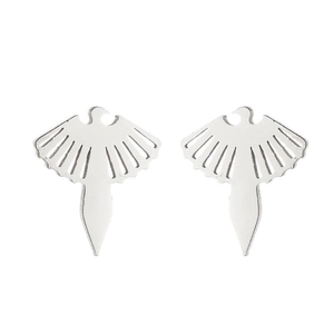 Detailed view of silver bird-shaped stud earrings with fine wing textures and hanging holes