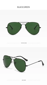 Classic aviator sunglasses with black metal frames and green lenses in dual views