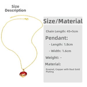 Detail showing red enamel heart pendant dimensions and 18K gold-plated copper material