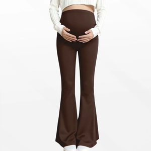 Front view of high waist maternity flare leggings in dark brown with supportive belly band