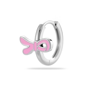 Elegant silver huggie hoop earring with pink enamel ribbon bow charm on white background