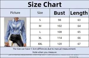 Size guide for women striped shirt with bust and length measurements from S to XXL