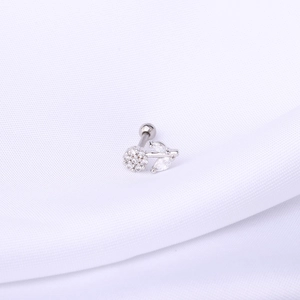 Detail of flower and leaf stud earring with clear zircon inlay and screw ball back