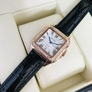 Square rose gold ladies watch with diamond bezel and black leather strap in a gift box