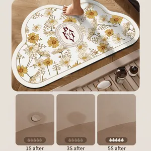 Cloud-shaped daisy bathroom mat showing 1s to 5s quick-dry water absorption