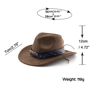 Detailed size chart of brown cowboy hat with brim, crown height and weight measurements