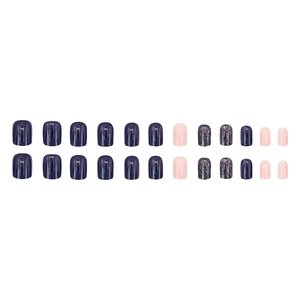 Starry navy blue and pink press-on nails set with gold glitter in 24 pieces pack