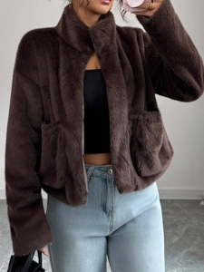 Giacca In Pelliccia Sintetica Da Donna Collo Alto Cerniera Cappotto Peloso Allentato Manica Lunga Marrone Scuro Autunno