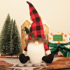 Nordic Christmas gnome doll with red plaid hat and white beard in a cozy holiday scene