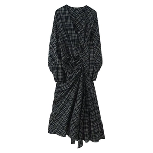 Vestito Maxi A Quadri Con Increspature Per Donna Elegante Scollo A V Maniche Lunghe Orlo Asimmetrico Poliestere
