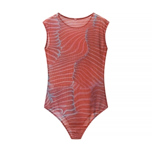 Women's red wavy print mesh bodysuit with sleeveless crew neck and slim fit design