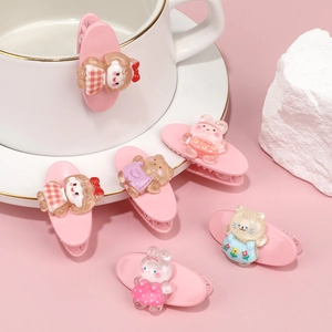 Set of 6 cute pink cartoon animal hair clips featuring bears, rabbits and cats