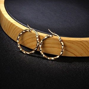 Golden stainless steel twisted rope hoop earrings on a premium display stand
