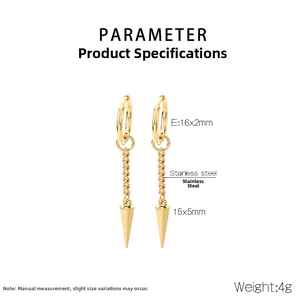Detailed view of golden stainless steel chain earrings with conical spike pendants