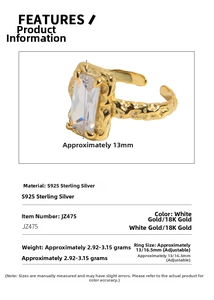 Detail showing S925 sterling silver ring with textured metal and rectangle zircon