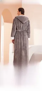Detail view of the back of a charcoal grey striped flannel robe with white plush cuffs