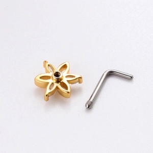 Titanium steel nose stud with a golden flower design and silver L-shaped screw bar