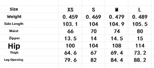 Detailed size chart for vintage embroidered wide-leg trousers from XS to L sizes