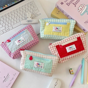 Large capacity checkered pencil case in pink green yellow and red color options