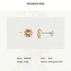 Elegant S925 sterling silver stud earrings featuring a 7mm champagne round zircon stone