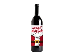 Detail of red Merry Christmas wine bottle label with gold foil and Santa suit design