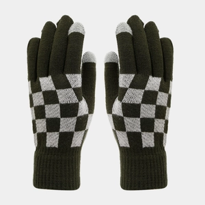 Detail of dark green checkered knit gloves with touchscreen-compatible grey fingertips