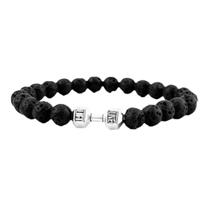 Lava stone bead bracelet with silver dumbbell charm featuring Lift and Live engraving