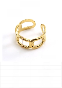 Macro detail of 18k gold plated stainless steel hollow chain ring with product specs