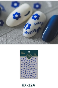 Detail of 5D blue floral nail art stickers and lettering on KX-124 model sheets