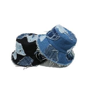 Street style frayed denim bucket hat with patchwork and distressed details for women