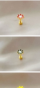 Detail of flower-shaped stud earrings in colorful enamel finish with gold screw-back studs