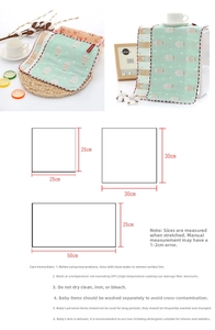 Detail of soft 6-layer cotton baby towel with cartoon fish pattern and sizing chart
