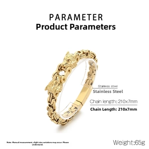 Detail view of gold stainless steel wolf head chain bracelet measuring 210mm in length