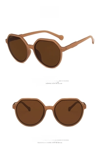 Front and side views of stylish milk tea colored polygon sunglasses with matte finish