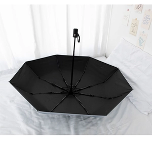 Detail view of the black vinyl coating and sturdy rib structure of the folding umbrella