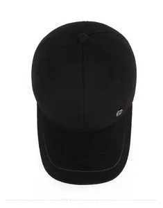 Top view of a black wool blend baseball cap showing six-panel crown and stitched brim