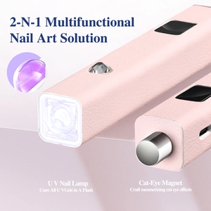 Detail of pink leather dual-purpose UV nail lamp with built-in cat eye magnet tool