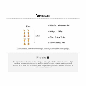 Close-up of orange rhinestone drop earrings with detailed size and alloy material specs