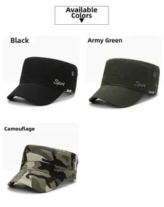 Flat top military caps in black, army green and camo colors with metal sport logo detail