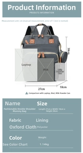 Detailed size chart of the grey oxford fabric diaper bag with dimensions and weight info