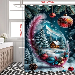 Christmas shower curtain featuring a snowy cabin scene with pink feather wreath décor