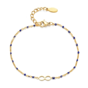Detail of gold infinity bracelet with blue enamel accents and adjustable lobster clasp