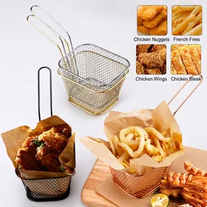 Mini stainless steel frying baskets in silver, gold, rose gold and black for serving snacks