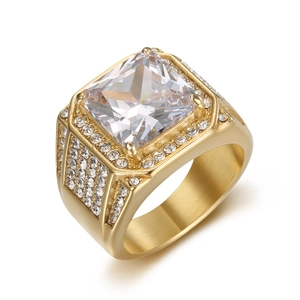 Luxurious 316L gold plated stainless steel men's ring with large 3A square cubic zirconia